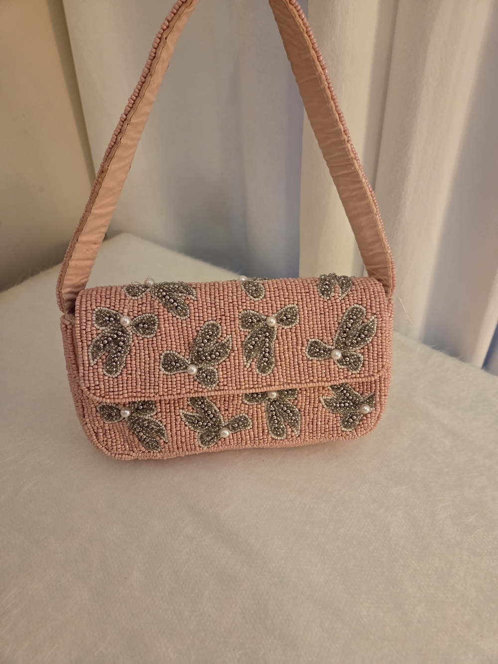 Gorgeous Pink Beaded Butterfly Shoulder Bag with Pearl Accents Silky Back Base
